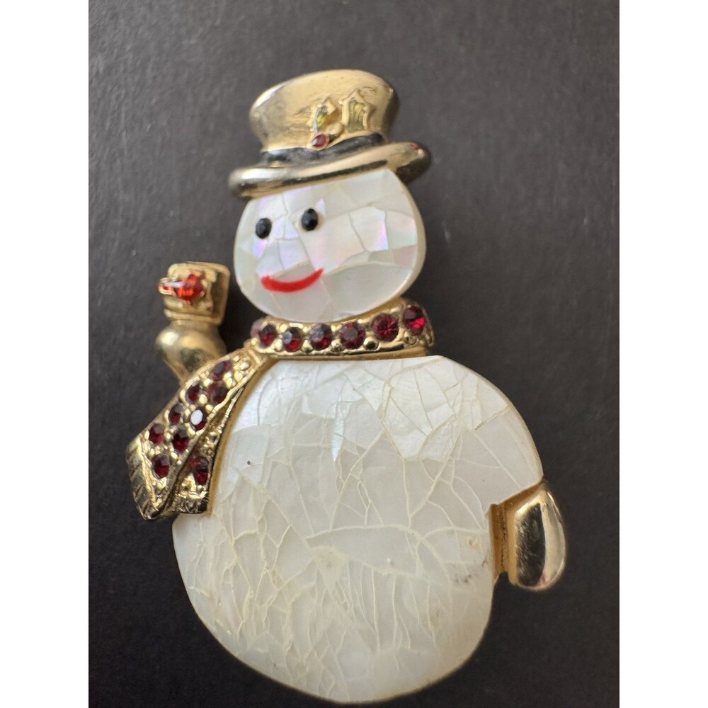 Vintage Signed LC Mother of Pearl Rhinestone Snowman Christmas Brooch Pin